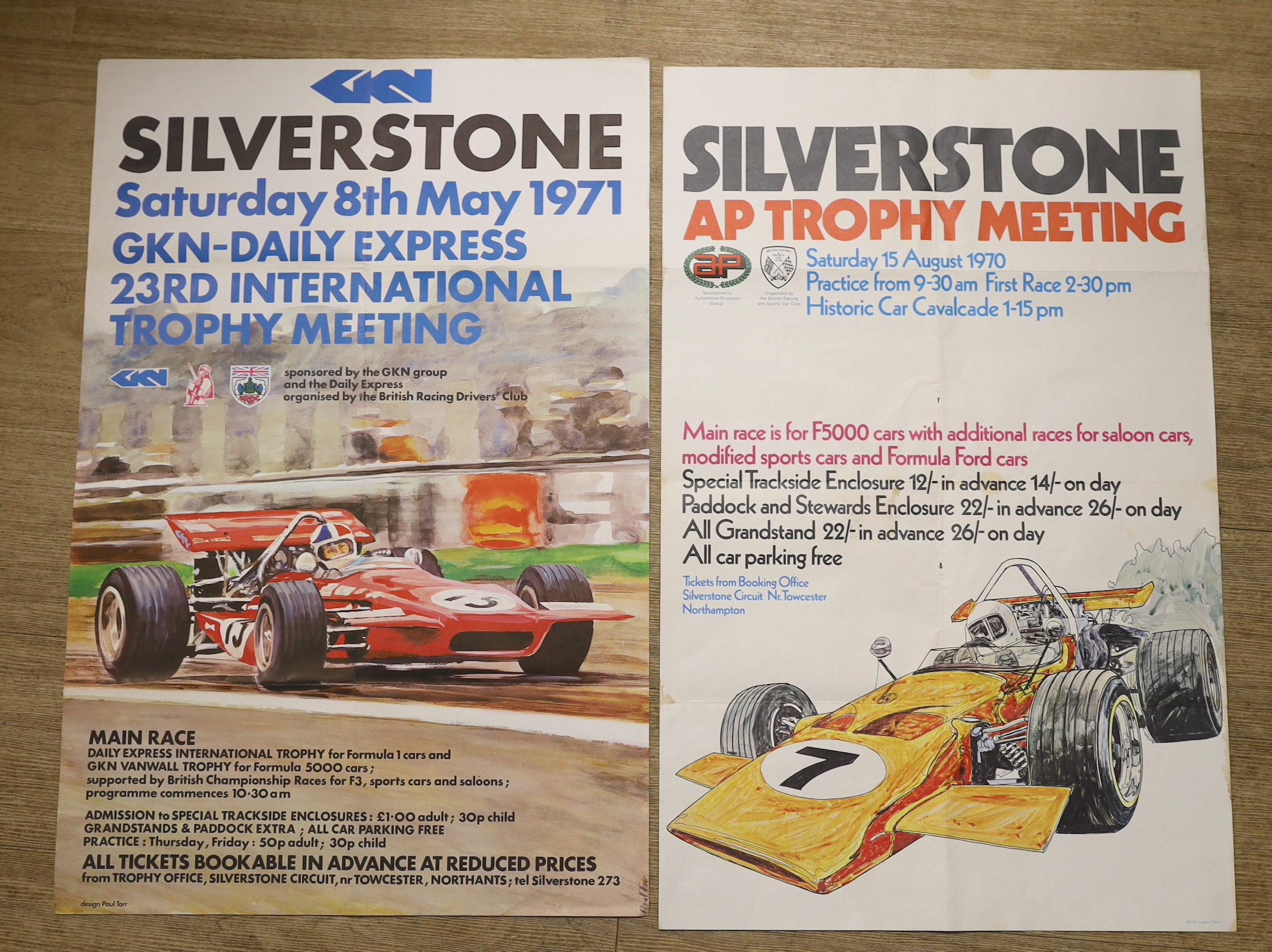 Two 1970s Silverstone motor racing posters; an AP Trophy Meeting, 15 August 1970, and a GKN 23rd International Trophy Meeting, 8 May 1971, designed by Paul Torr, largest 76 x 50.5cm